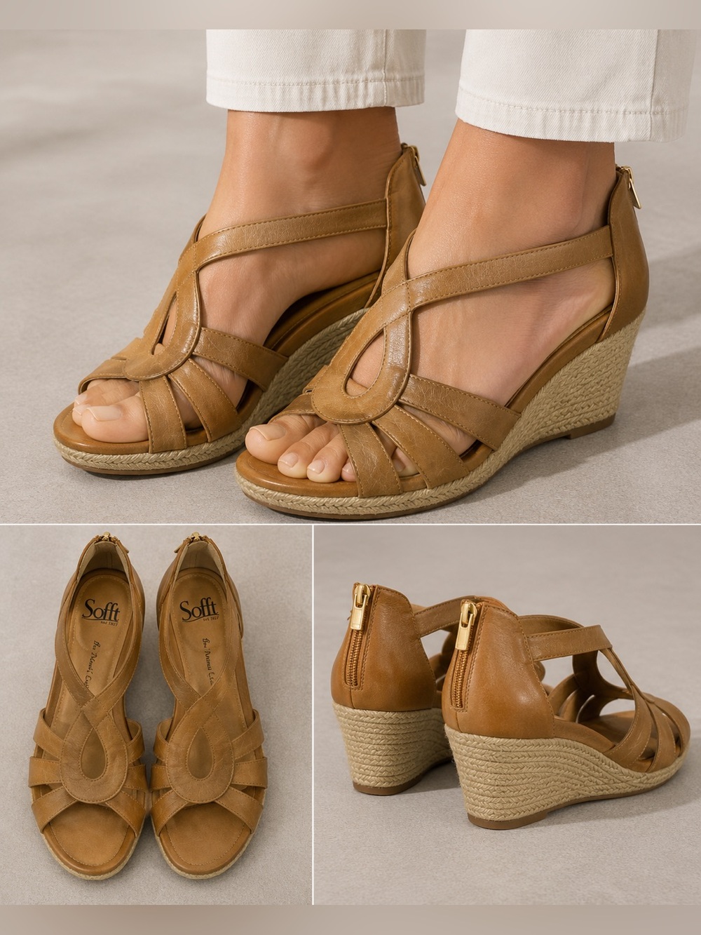 Sofft Women’s 10 Tan Wedged Casual Boho Espadrilles Sandals With Gold Zipper